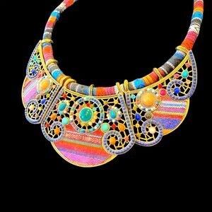 Tribal Ethnic Wide Collar Bib Necklace Colorful Enamel Stone Beads Gems Brass